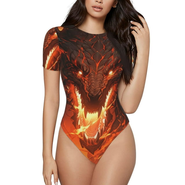 Sikiie Magma Dragon Noir pour Femmes Justaucorps à Manches Courtes, Justaucorps à Encolure Ronde à Boutons-Pression-Moyen