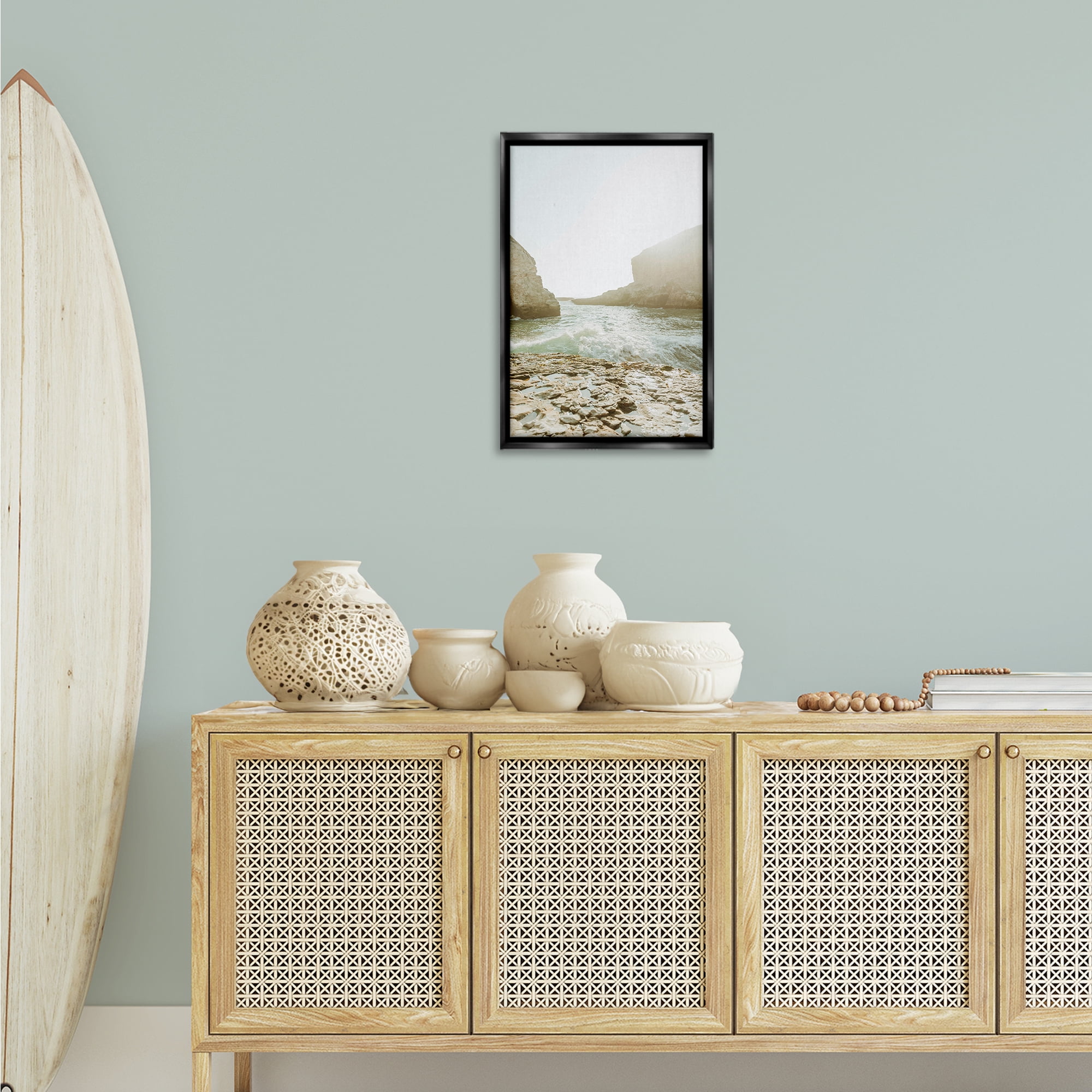 Stupell Industries Rocky Beach Cove Landscape Photography Black Floater Framed Canvas Art Print Wall Art, 17 x 25