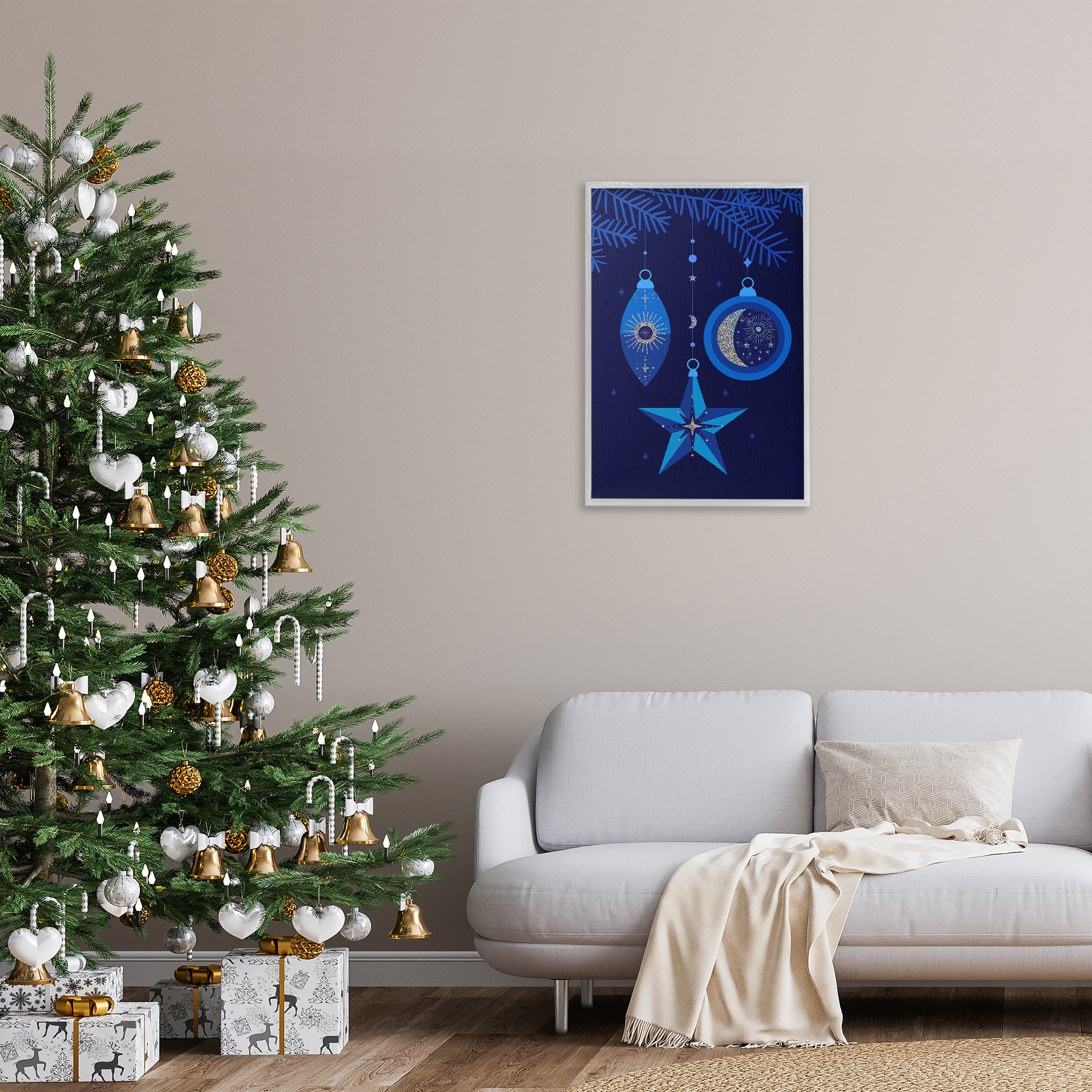 Stupell Industries Blue Holiday Ornaments Holiday Painting Gray Framed Art Print Wall Art, 20 x 30