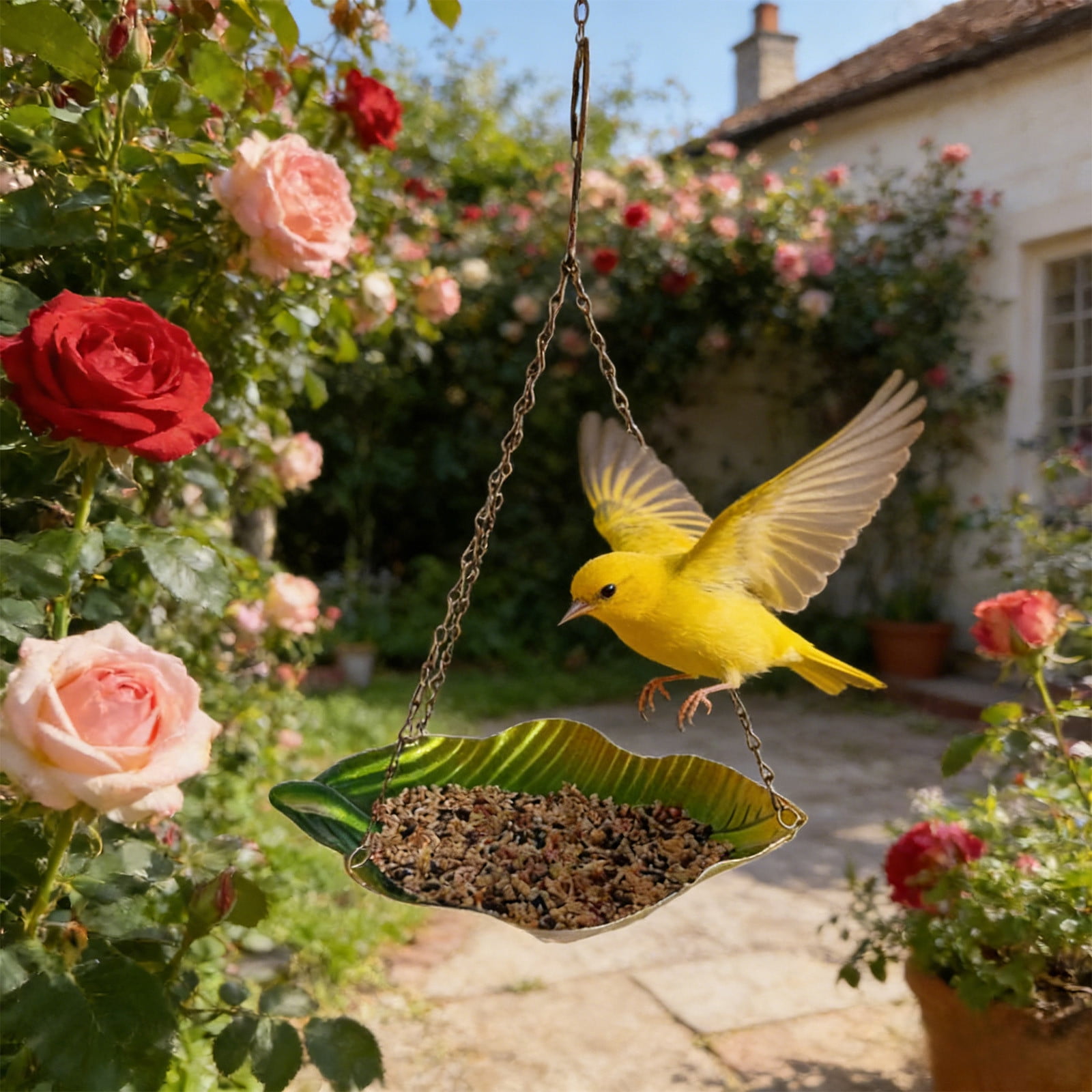 Hanging Bird Feeder,Outdoor Metal Birds Feeder Wrought Iron Hanging Feeding Station Garden Decoration Leaf-shaped Outdoor Bird Feeder