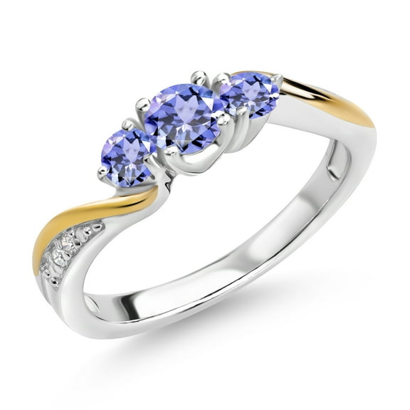 Gem Stone King 926 Sterling Silver and 10K Yellow Gold Blue Tanzanite and White Lab Grown Diamond 3 Stone Engagement Ring for Women | 0.63 Cttw | Gemstone Birthstone | Size 6