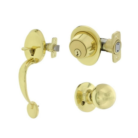 Ultra Hardware Cheltenham Polished Brass Door Handleset and Single Cylinder Deadbolt