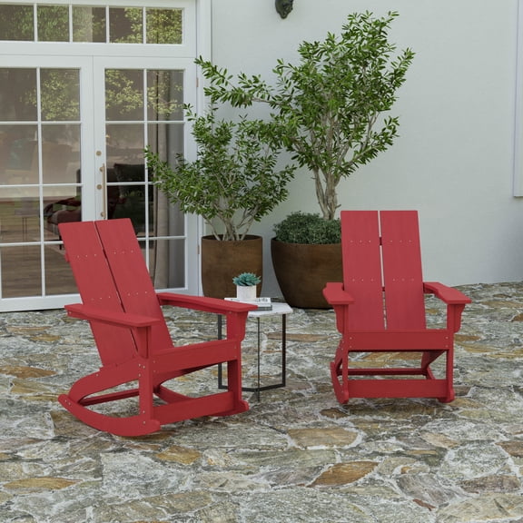 Merrick Lane Set of 2 UV Treated All-Weather Polyresin Adirondack Rocking Chair in Red for Patio, Sunroom, Deck and More