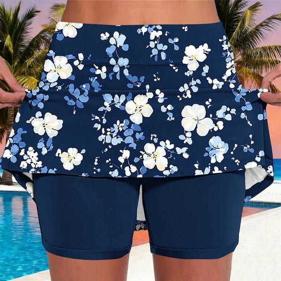DailyTrove Women Navy White Floral Print Skort Casual Elegant Skirt with Inner Shorts