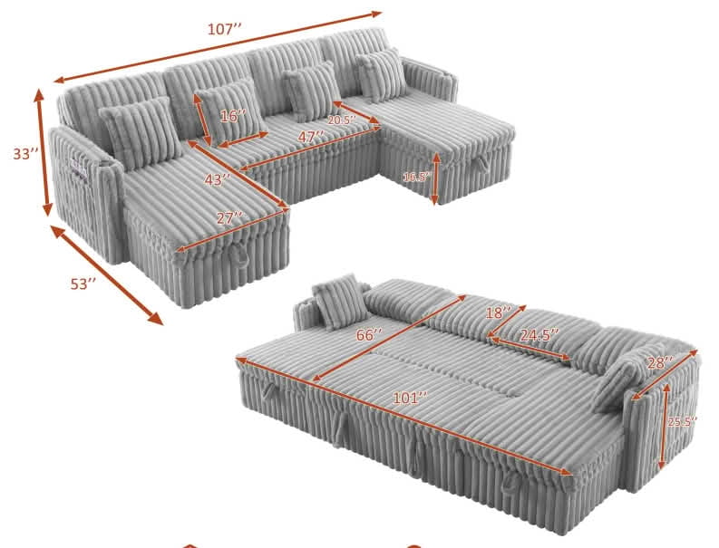 MAYEERTY 107-Inch Light Gray Corduroy 5-Seat U-Shaped Sectional Sofa Bed, Modular Sleeper Couch with Pull-Out Bed & Double Storage Chaise