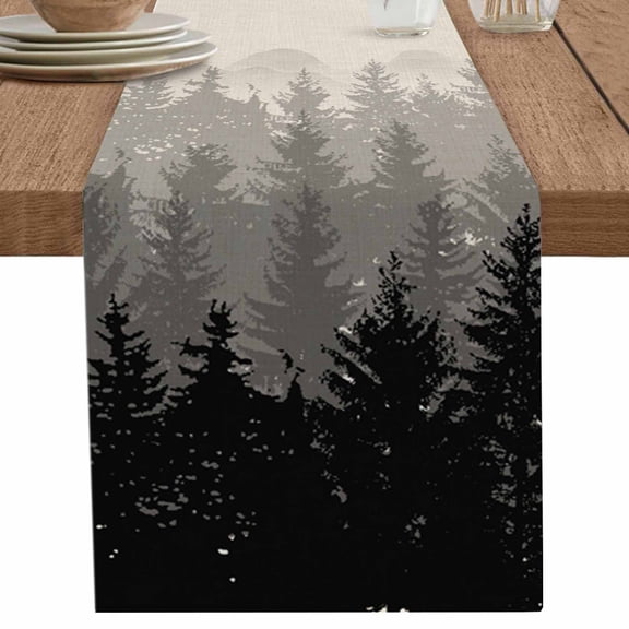 Grey Forest Tree Table Runner 120 Inches Long for Dining Table Decor,Retro Mountain Wood-land Misty Landscape Burlap Linen Farmhouse Table Runner Coffee Table Runners for Kitchen Party Holiday