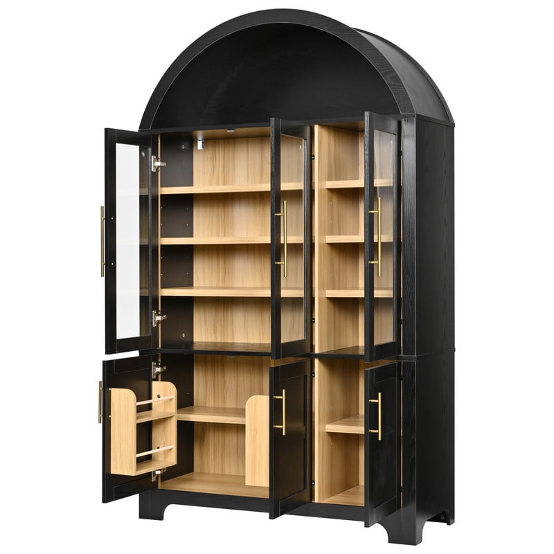 Arched Kitchen Pantry Cabinet with Glass Doors, Farmhouse Tall Storage Cabinet with Adjustable Shelves, Door Storage Racks & Open Display Shelves, Wooden Cupboard for Kitchen, Dining Room