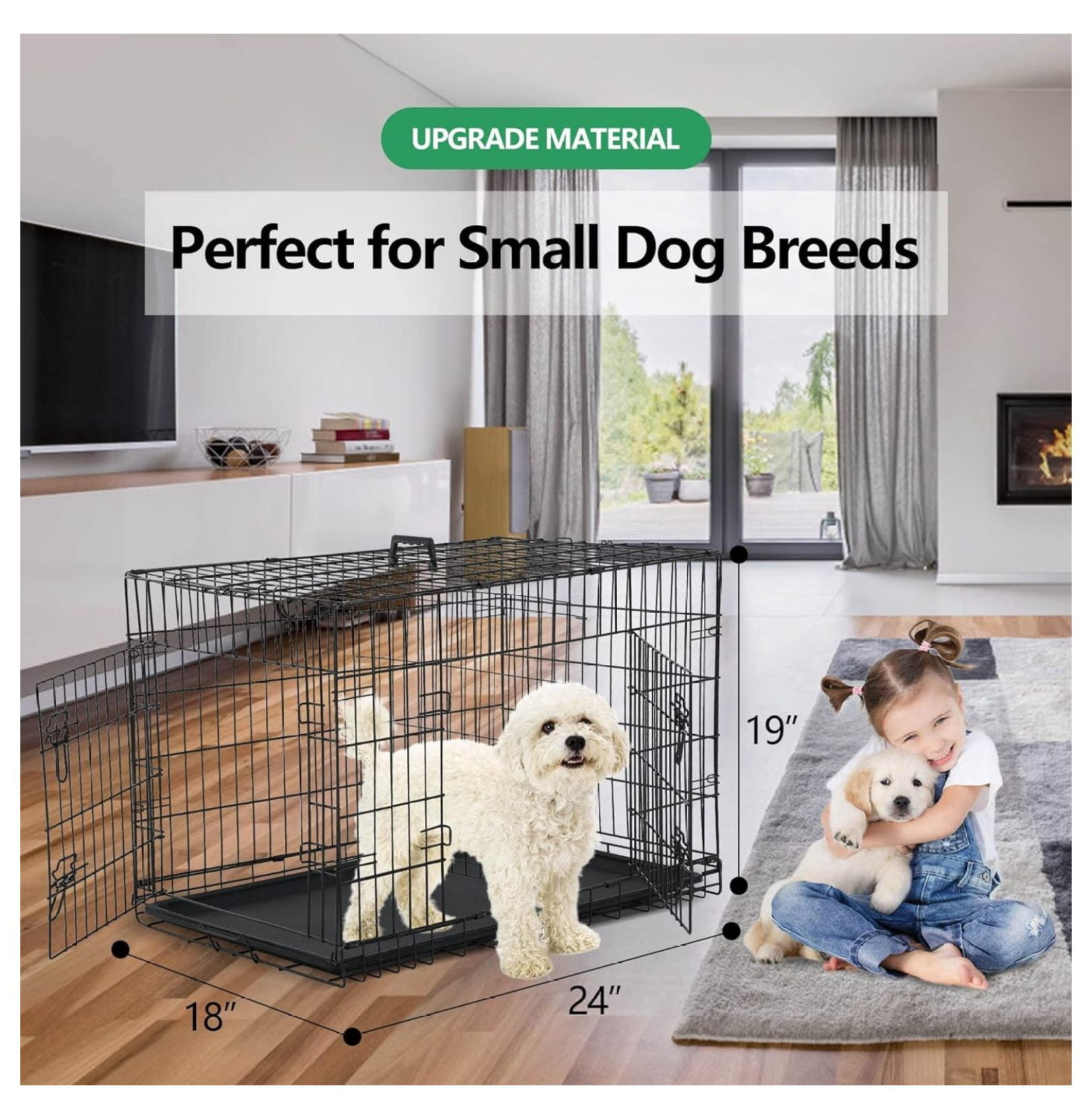 24'' Foldable Metal Wire Dog Crate Double Door, Folding Portable Dog Cage Double Lock, Collapsible Small Dog Crate w/Leak-Proof Pan/Divider/Handle, Puppy Crate Dog Kennel for Small Dogs Indoor