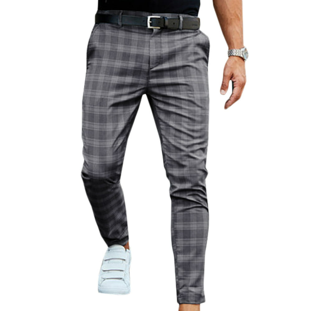 Lallc - Mens Casual Check Trousers Slim Fit Soft Stretch Smart Work ...