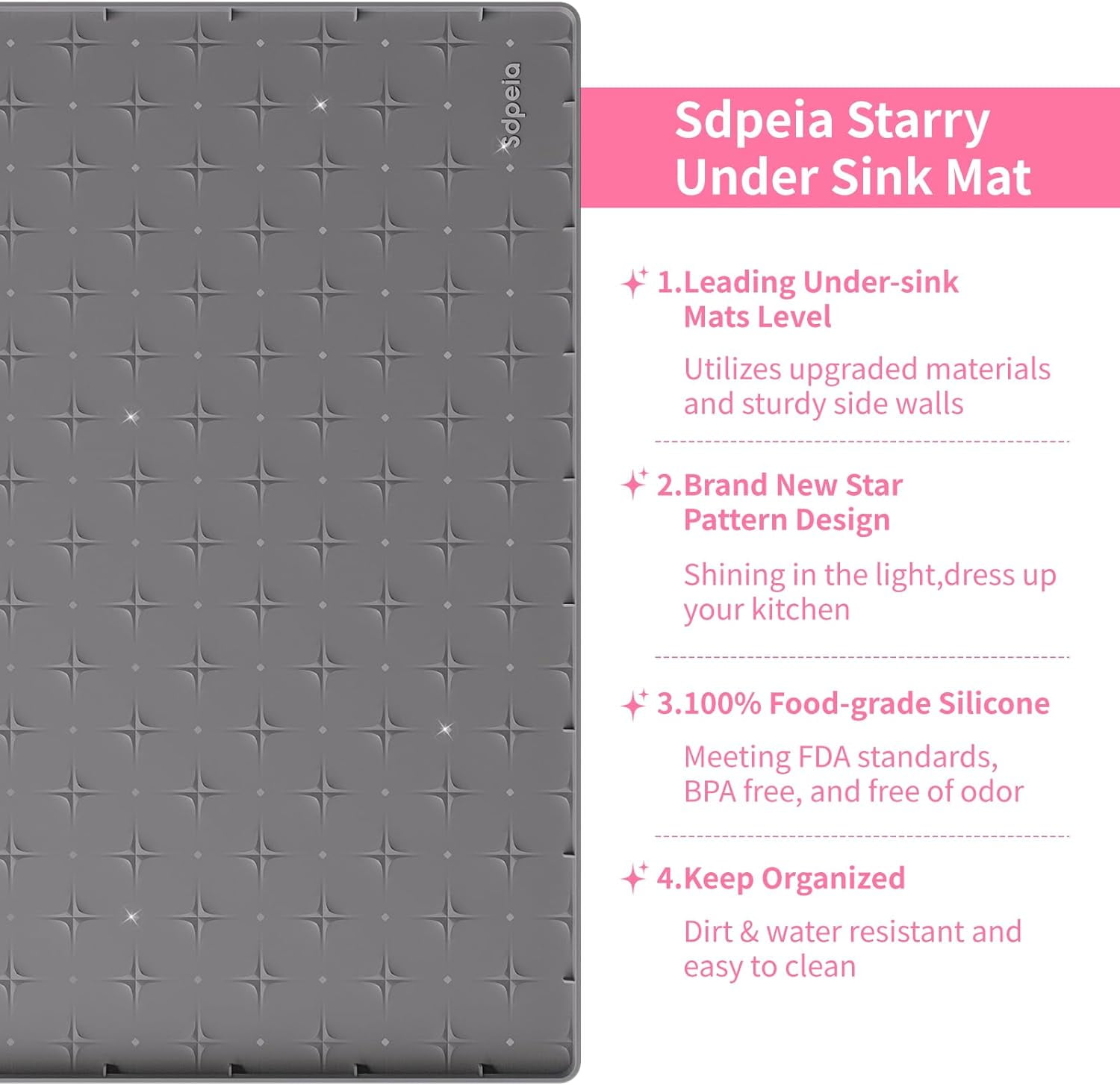 RGHJAR-Under Sink Mat 34"×22" Waterproof Silicone Cabinet Liner & Sink Protector for Kitchen & Bathroom, Multi-Purpose Organizers Tray for Pets, Laundry, Cat Litter Mat, Gray