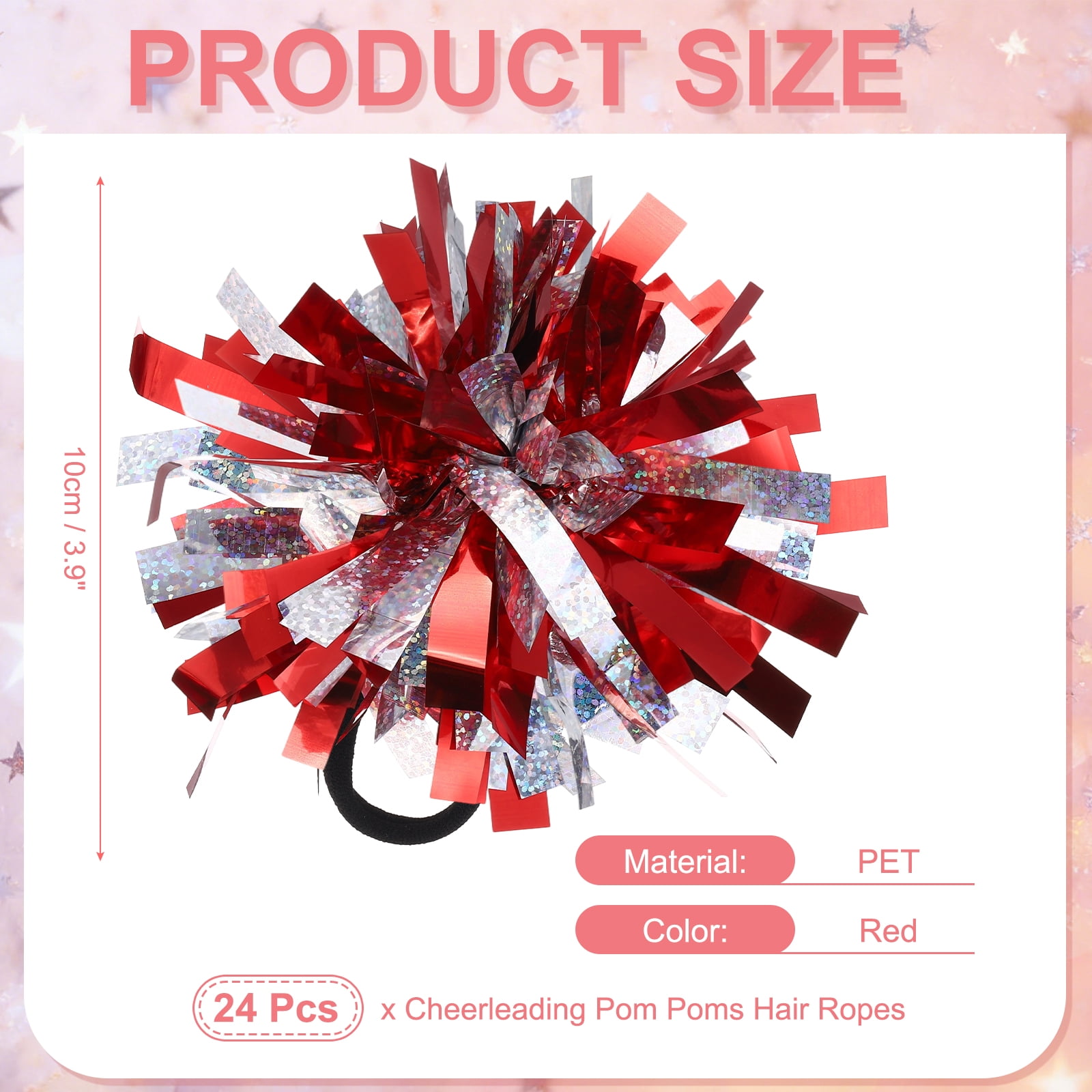 Uxcell 24 Pcs Cheerleading Pom Poms Hair Ropes for Basketball Game,Outdoor Activities, Red