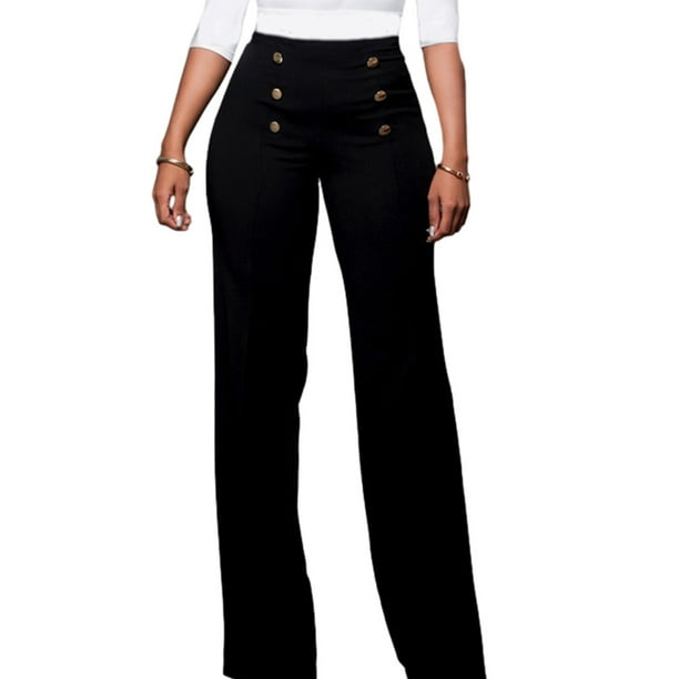 Pantalones de trabajo informales para mujer, de 6 botones, pantalones largos de cintura alta y pierna recta