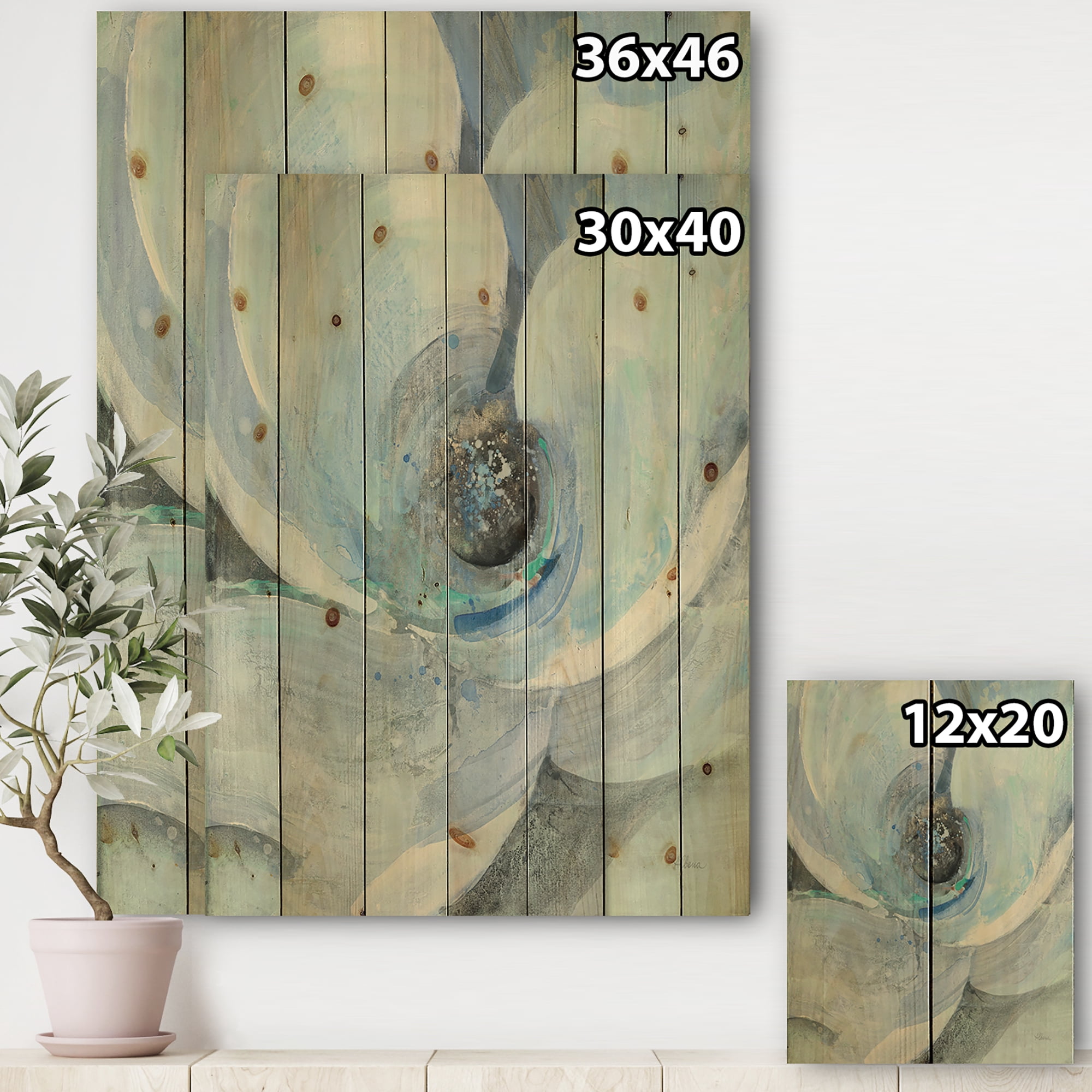 Designart 'Moonlight Watercolor Magnolia I' Farmhouse Print on Natural Pine Wood