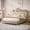 Natural + MDF, variant on Queen Size bed frame with storage headboard, built-in charging station, wavy curved lines design, silent operation, metal support, Natural
