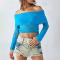 thumbnail image 2 of Fortune Women Off Shoulder Sweater Mesh Knit Cropped Pullover Solid Color Long Sleeve Slim Fit Crop Top, 2 of 6