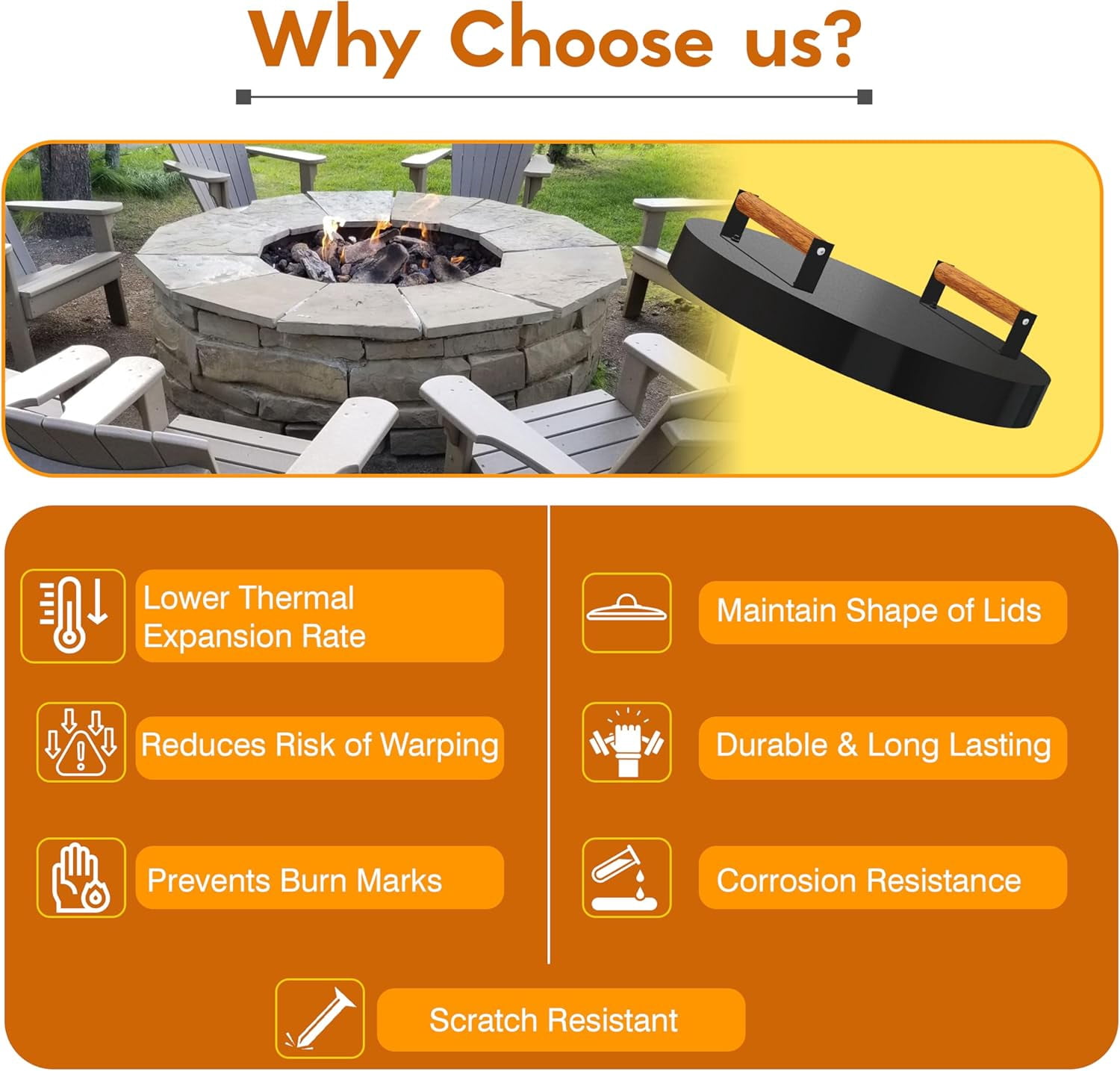 FEBTECH - Fire Pit Solid Cover Compatible with Fire Pit Inside Up to 23" - with 2 Wooden Handles