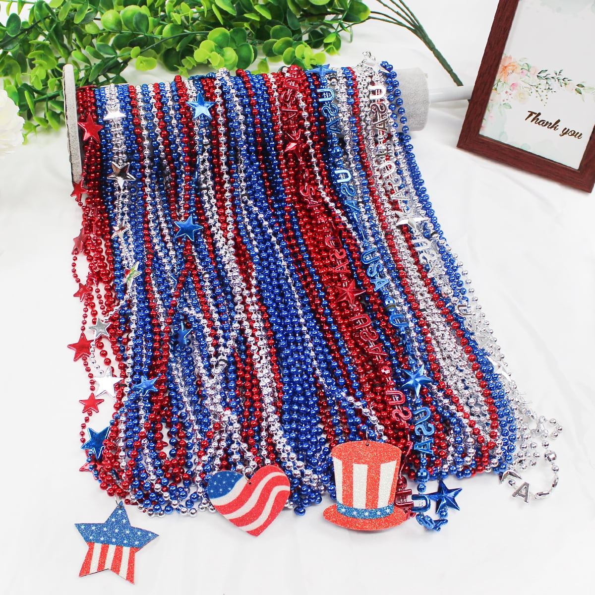 Fourth of July Decoration Patriotic Mardi Gras Beads USA Party Accessories Red White Blue Beaded Necklaces Independence Day Metallic Necklaces 69Pcs Set 1