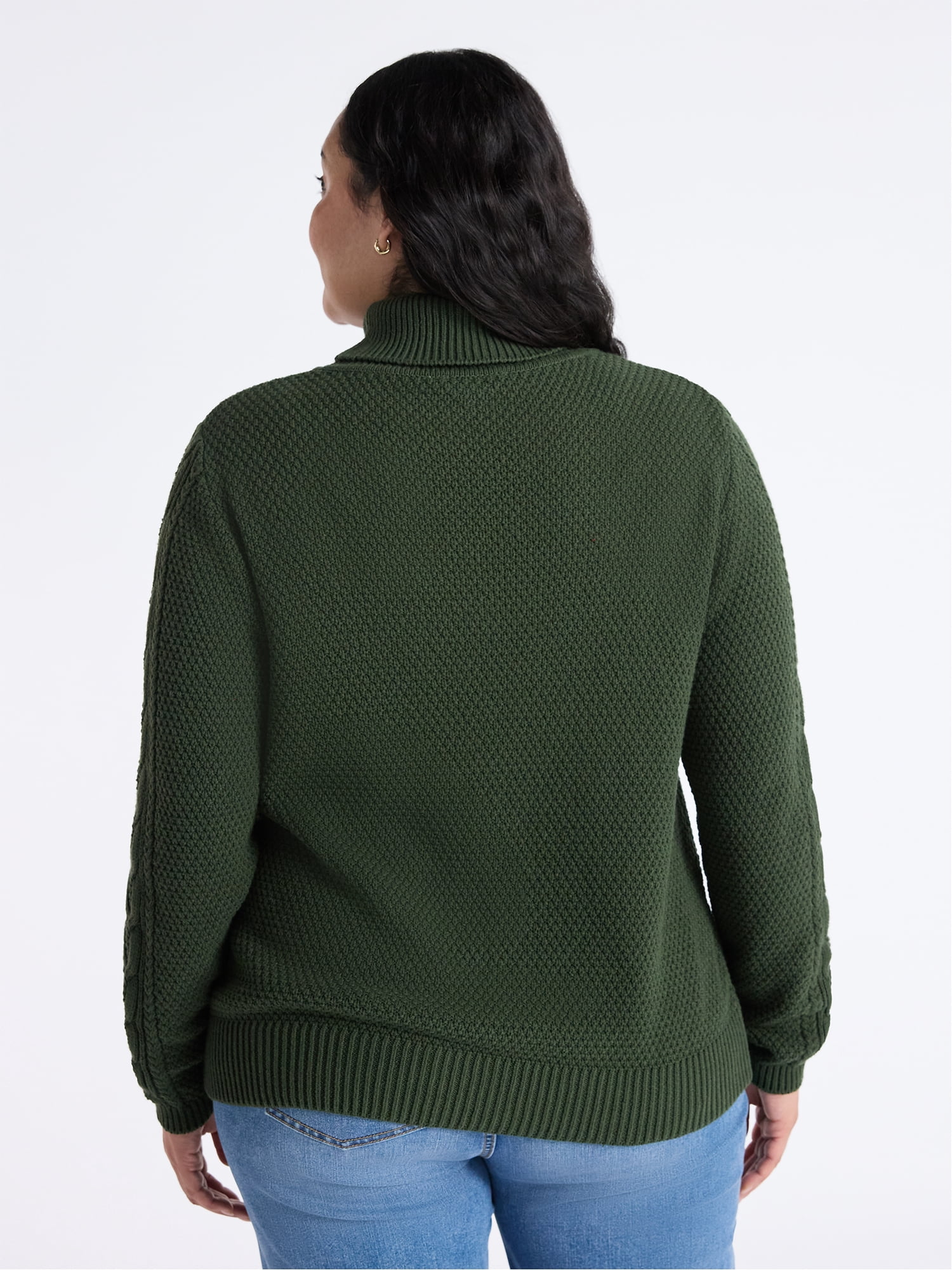 Time and Tru Women’s and Women’s Plus Turtleneck Sweater with Cable Sleeves, Midweight, Sizes XS-4X
