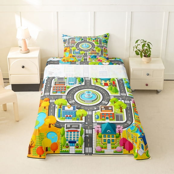 Manfei Boys City Map Twin Sheets,Cartoon Buildings Bedding,Gray,3-Piece,1 Fitted Sheet and 1 Pillowcase