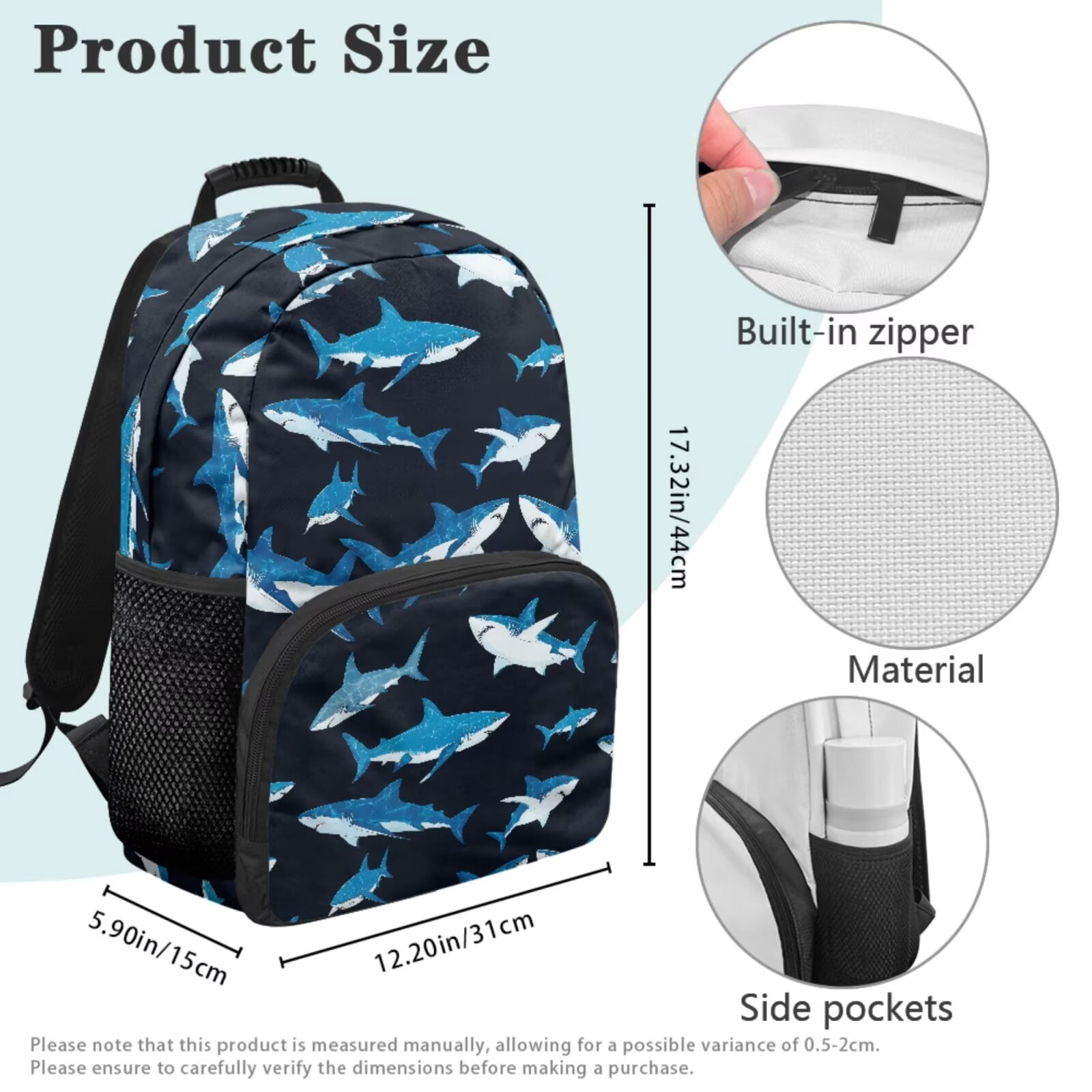 Pzuqiu Blue Shark Print Kawaii Backpack School Backpacks for Girls with Lunch Box Pencil Case 2pcs Bookmark 17 Inch School Backpacks for Kids Travel Rucksack Schoolbag Set of 4