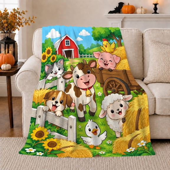 Barnyard Friends Farm Animals Cow Lamb Sunny Pasture, Rustic Farmhouse Horse Scene, Warm Flannel Blanket for Ranch House and Living Room, Horse Lovers Friendship Gift, Rustic Home Decor