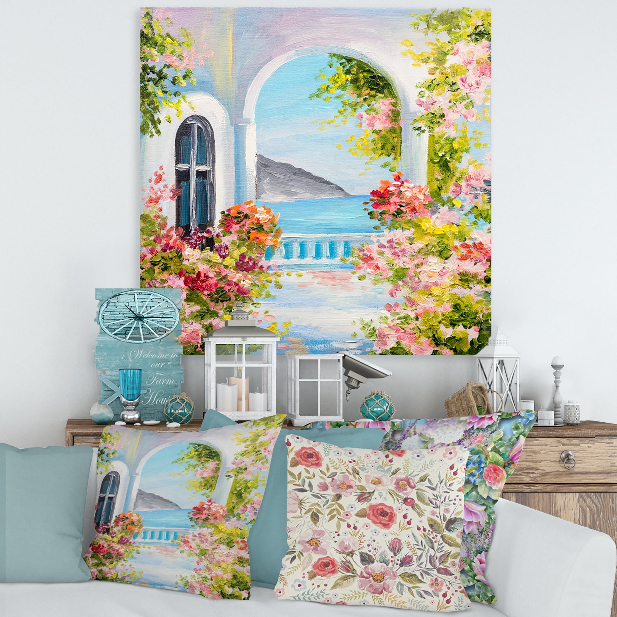 Designart ' Pink Flowers With Traditional Greek House ' Nautical & Coastal Canvas Wall Art Print