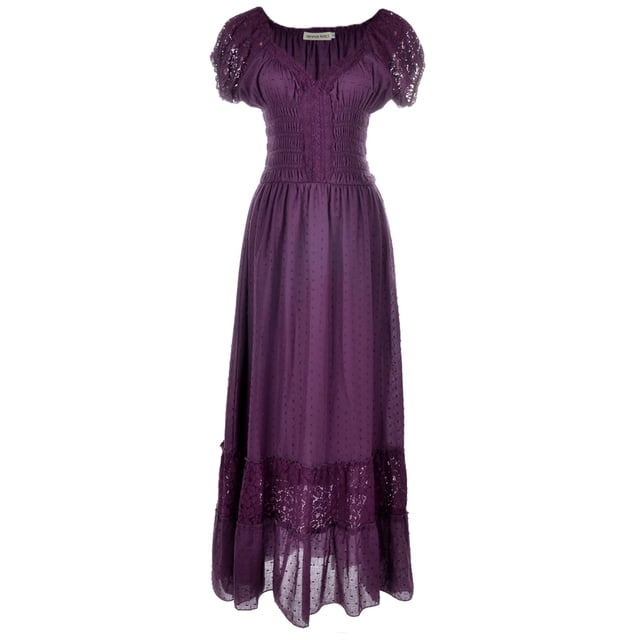 Robe Maxi pour Femme de Style Renaissance Paysanne, Style Bohème, Manches Cap, Garniture en Dentelle, Violet, Grand