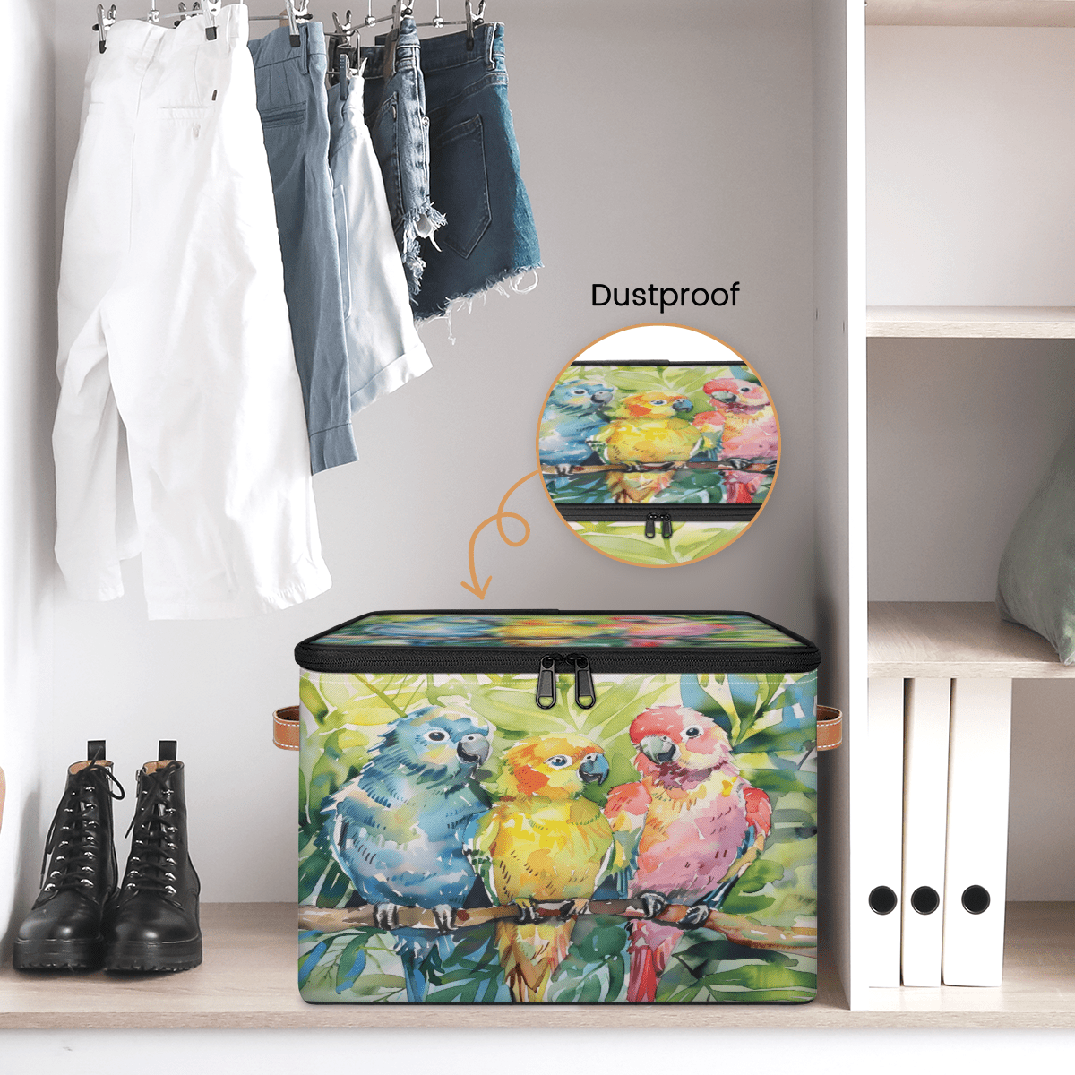 CURLYOOT Bird Fabric Storage Bins with Lids, Colorful Tropical Bird Parrot Foldable Storage Boxes Washable Storage Cube, Closet Bedroom Home Organizer Containers with PU Leather Handles