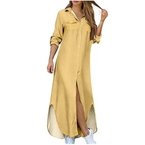 Npasoilc Summer Maxi Dresses for Women V-Neck Long Sleeve Button Down Shirts Casual loose Side Split Blouse Dress with Pockets