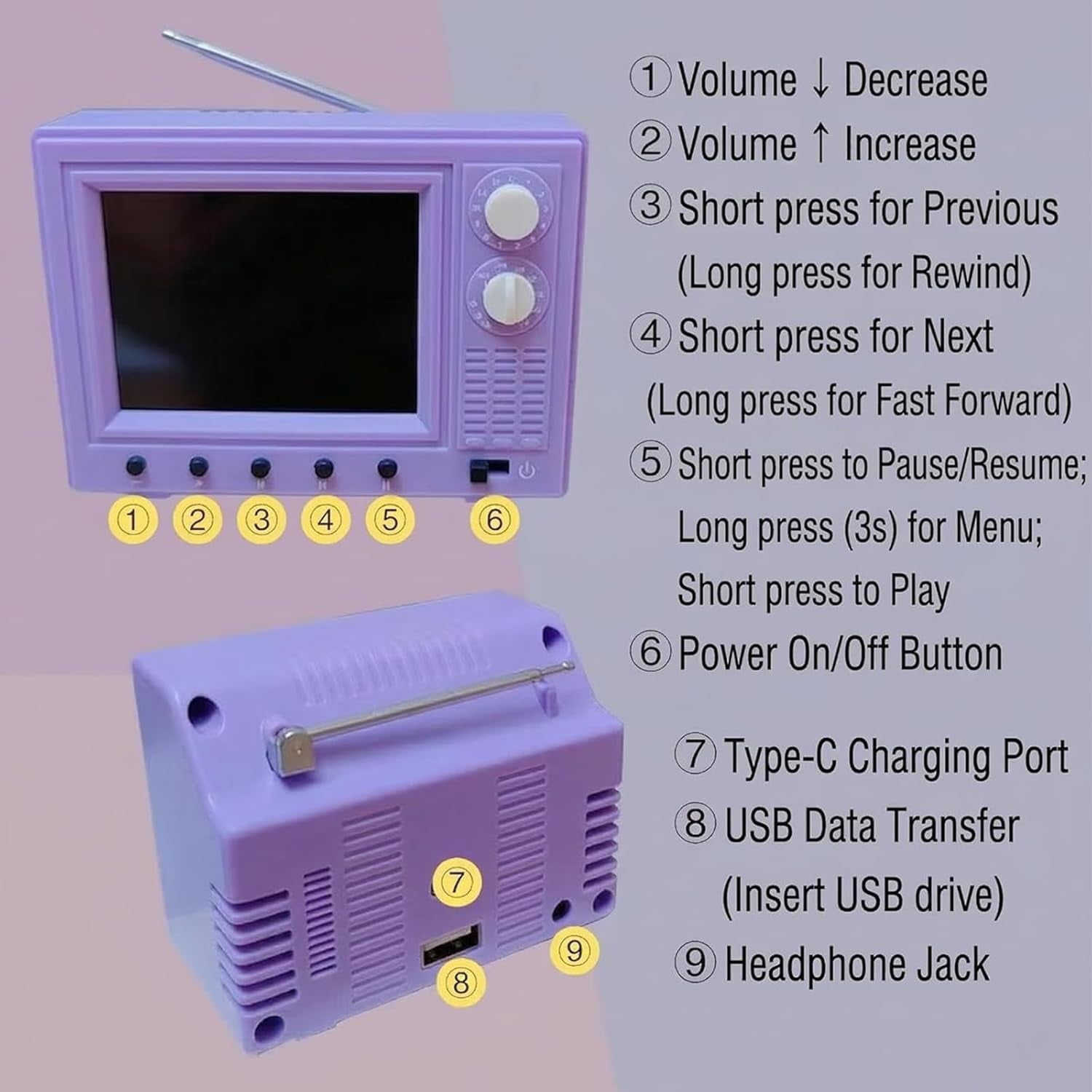Tiny Retro Television, 2.4 Inch Mini TV for Dollhouse with USB and Battery(XX)