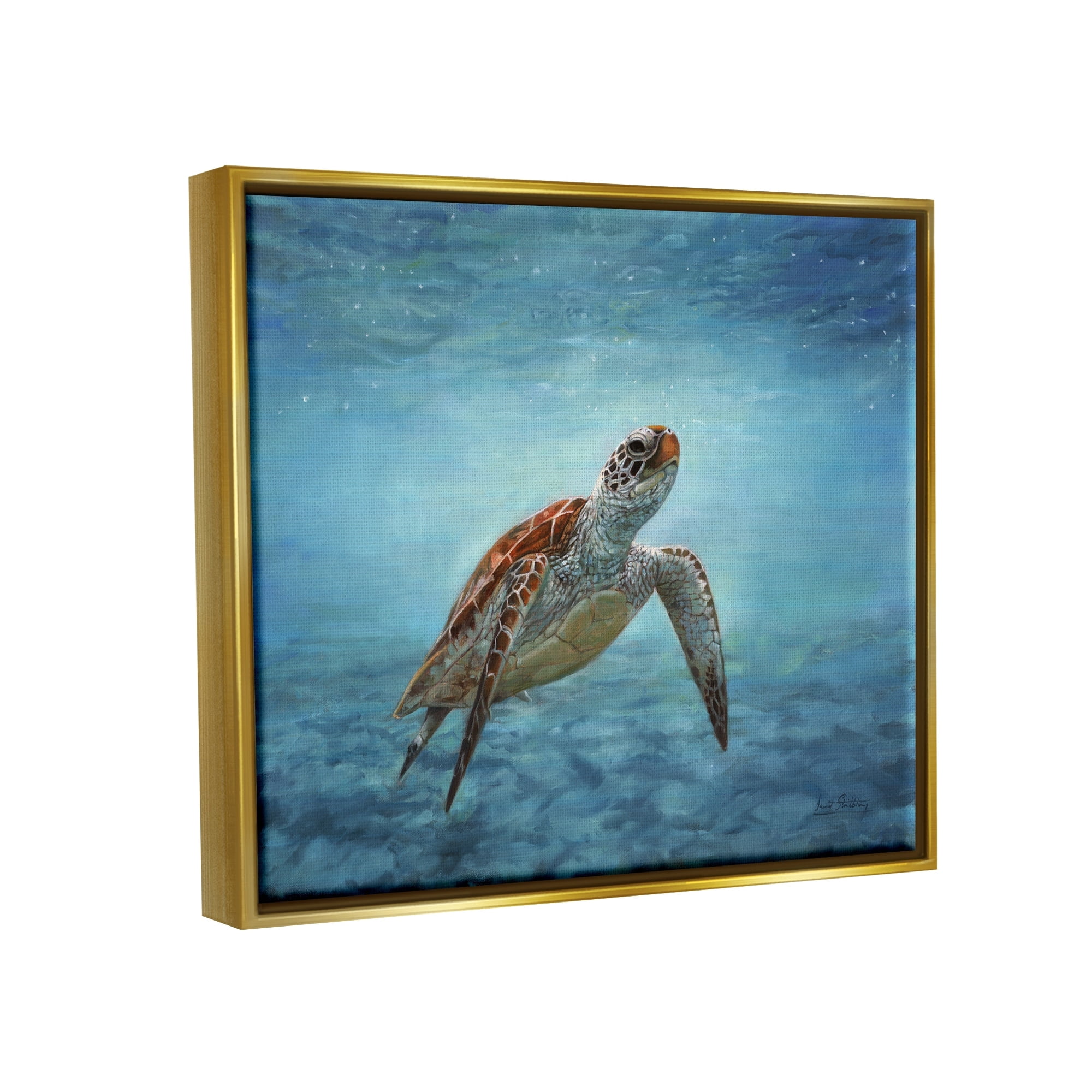 Stupell Industries Sea Turtle Underwater Marine Scene Deep Ocean Water Painting Metallic Gold Floating Framed Canvas Print Wall Art, Design by David Stribbling