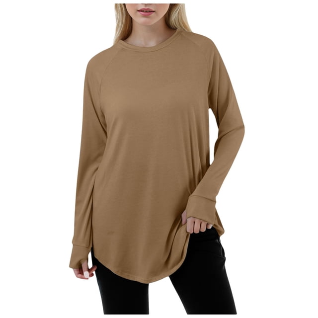 TSADFHJI Hauts Femmes Hiver T-Shirt Décontracté Uni Col Rond Manches Longues Pouce TG Beige