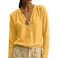 thumbnail image 6 of Women Solid Color V Neck Cotton Linen Blouse,Roll Up Long Sleeve Loose Bohemian Casual Shirt,Lightweight Breathable Basic Top for Daily Leisure,Travel Spring Summer 2026 Outfits Yellow XXL, 6 of 6