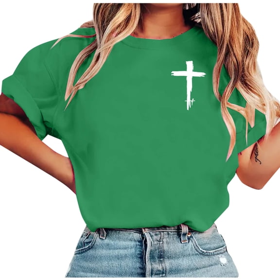 Xdegoge Women's Christian Cross Print T-Shirts Short Sleeve Crew Neck Graphic Tops Casual Soft Lightweight Breathable Rolled Cuff Tees for Summer Worship