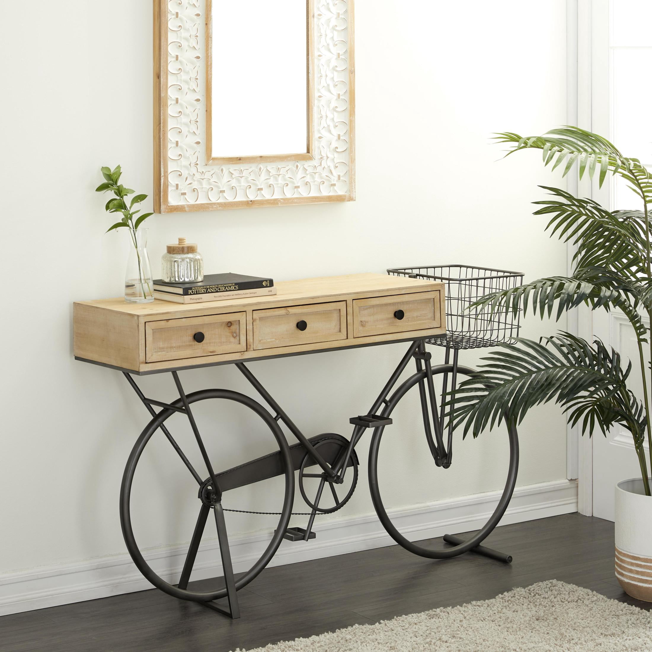 DecMode 58" x 34" Black Metal Bike 3 Drawer Console Table with Brown Wood Top, 1-Piece