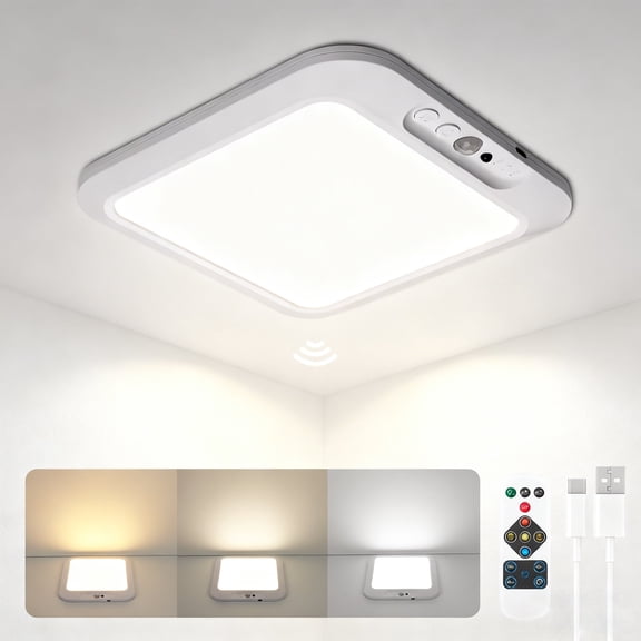 Ceiling Light Rechargeable, Wireless Motion Sensor Light with Remote 3000K 4500K 6500K Dimmable Timing for Closet, Shower, Hallway, Patio,1pcs