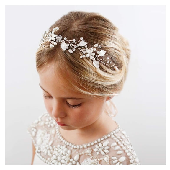 Flower Girl Headband for Wedding, Baby Girl Flower Pearl Hair Piece, Gold Headpiece for Birthday Party, Photography