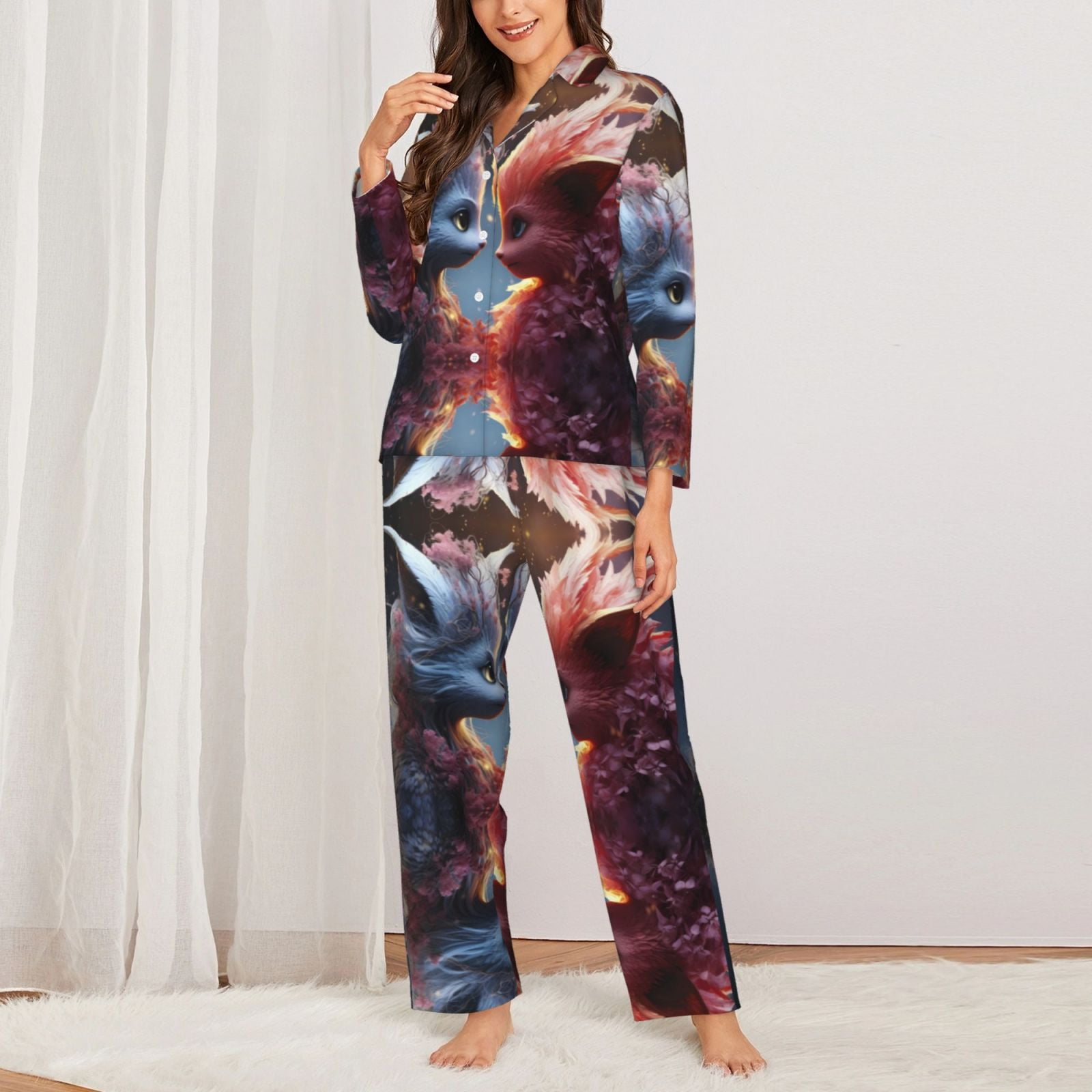 Pajamas for Women Set - Cute Red and White Elf Comfy Long Sleeve Button Up Pajama Sets for Women 2 Piece, Soft Sleepwear Nightwear Pjs Lounge Sets for Women with Pockets