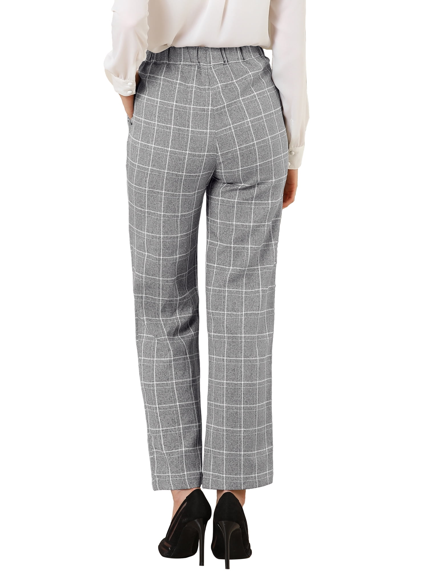 DARING DIVA Women's Plaid Trousers Pockets Straight Leg Casual Pant S Gray
