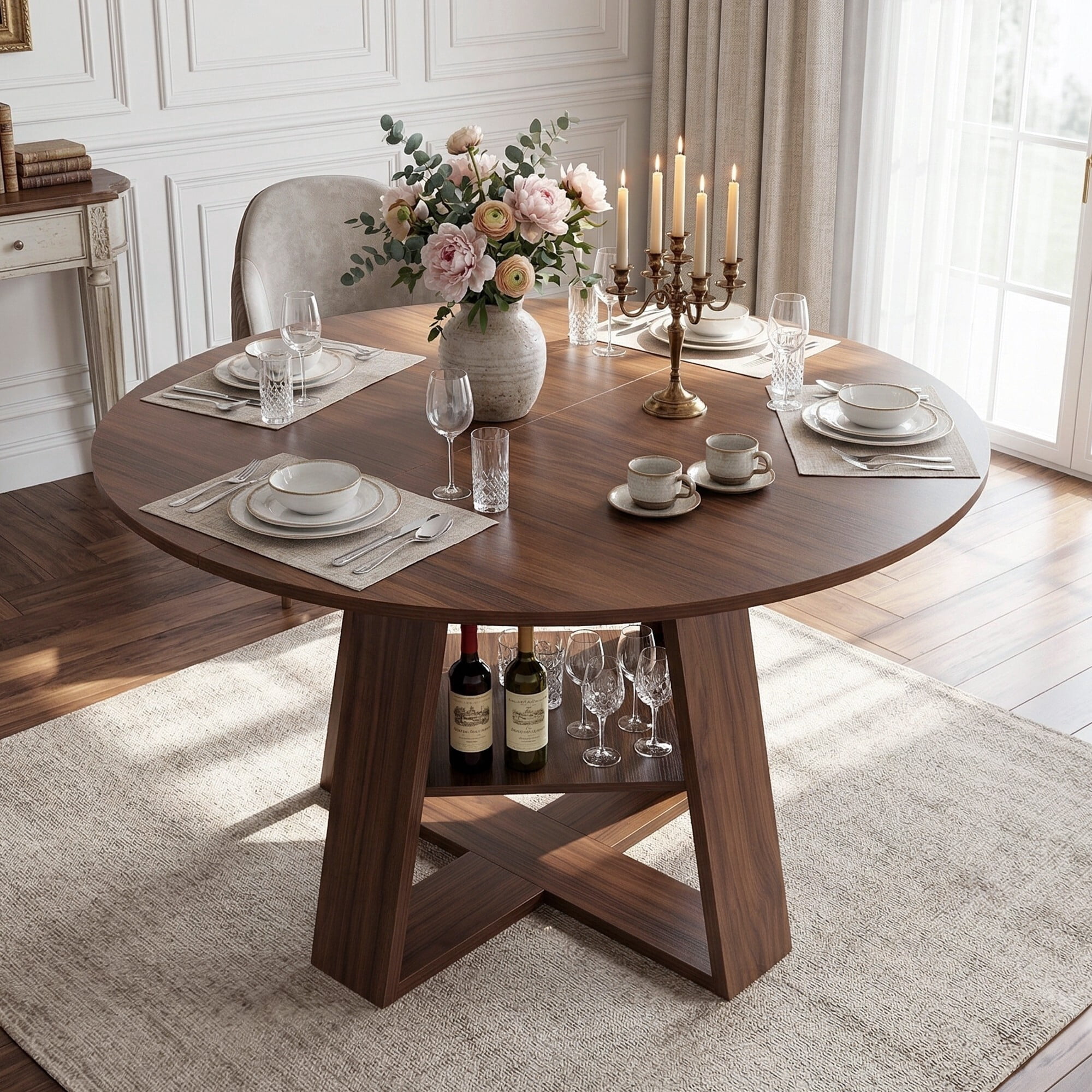 AENKYO 43" Extendable Dining Table for 4-6, Butterfly Leaf Table with Crisscross Storage Base, Walnut Finish