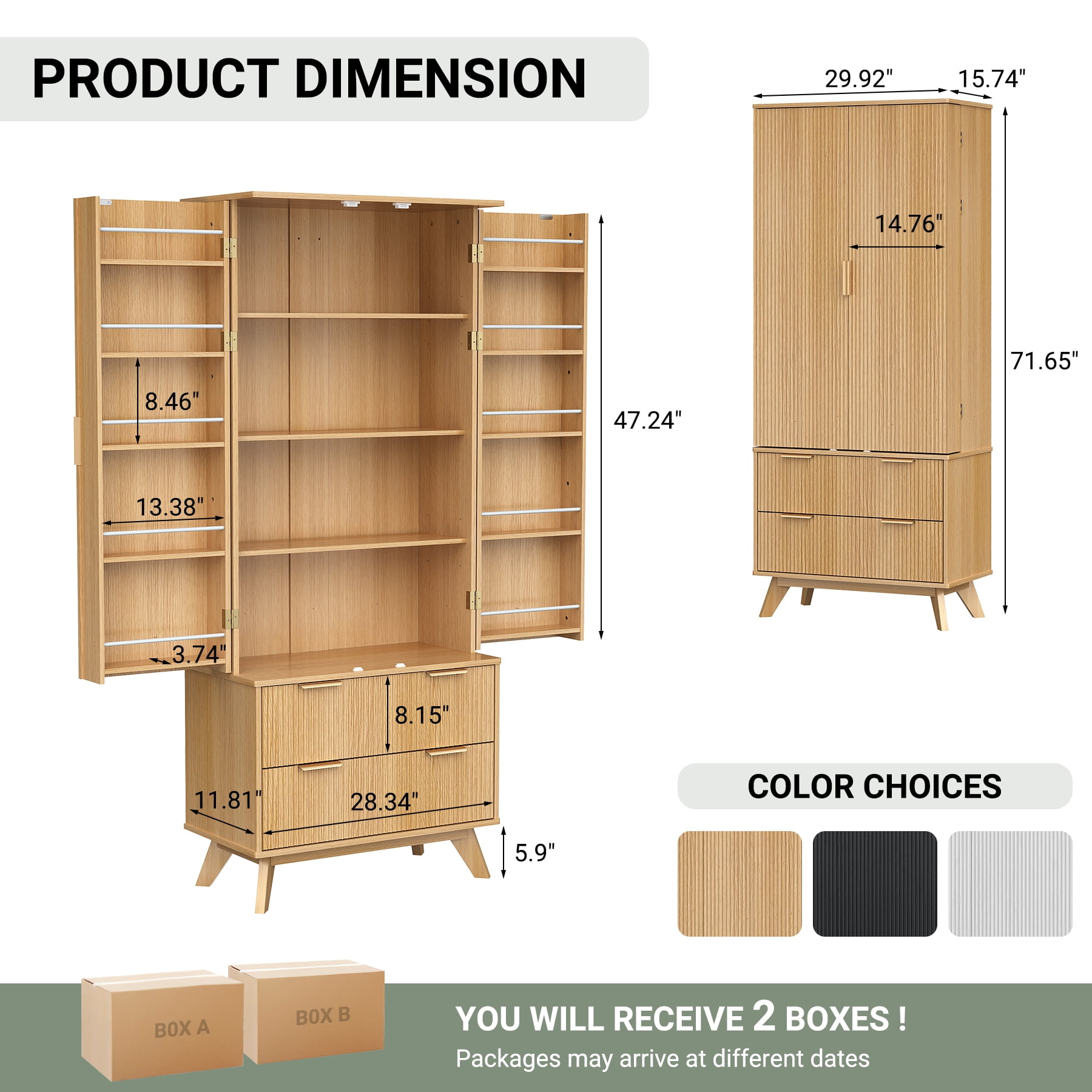 MOONMISS 72"H Kitchen Pantry Cabinet with 2 Doors and 2 Drawers, Solid & Strudy, Large Storage Cabinet with Fluted Barn Door and Adjustable Shelves for Kitchen, Entryway-Natural Wood