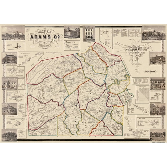 Historic County Map - Adams Pennsylvania County - Hopkins 1857 - Vintage Wall Art