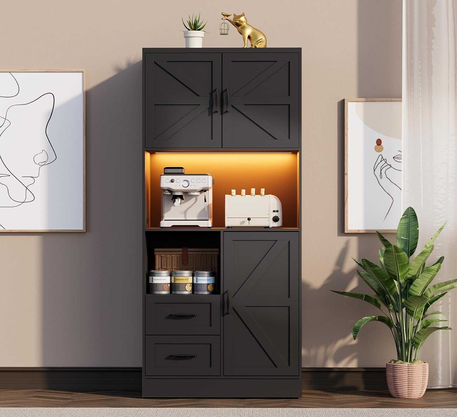 Winkalon 68'' Kitchen Pantry Hutch with Charging Station and LED Light, Buffet Storage Cabinet with Adjustable Shelves, Black