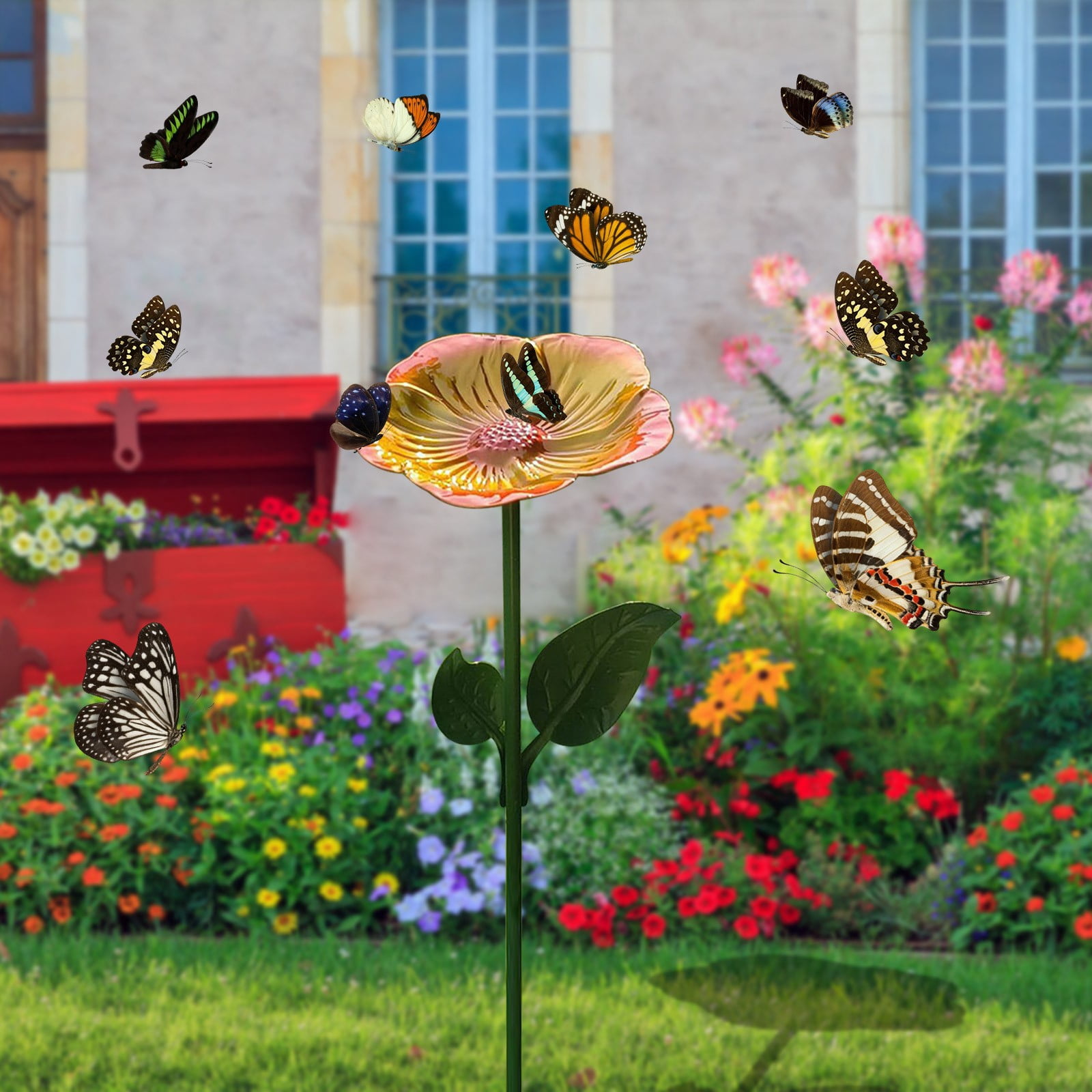 RRJ Bee Butterfly Hummingbird Water Feeder, Outdoor Metal Bird Bath Garden Decoration, Rust-Resistant Courtyard Patio Hanging Feeder for Attracting Pollinators and Wildlife