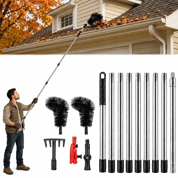 TEIPUERY Extendable Gutter Cleaning Kit with Long Reach Pole, 2 Brush Heads and Rake for Leaves and Debris