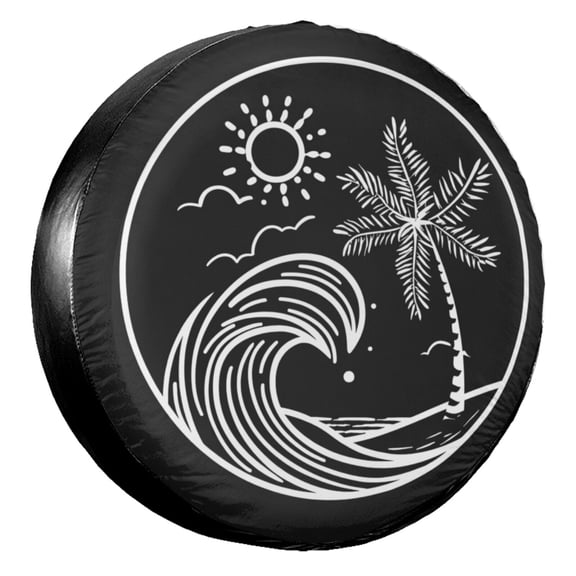 KAKALAD Palm Tree Sun Waves 01 Spare Tire Cover Universal Vehicle Accessories Buckle Car Tools 14”in
