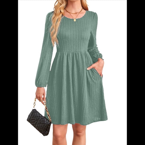 Vestido de Mujer con Mangas Largas Tipo Farol, Cuello Redondo, Falda Evasé, Moda de Otoño Verde XL