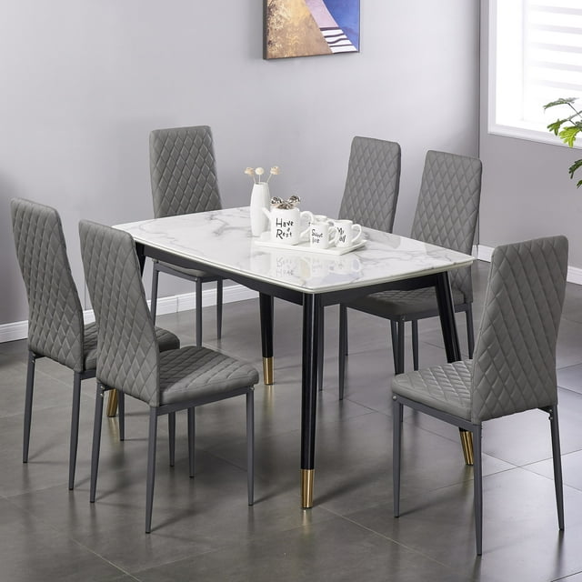 Noble House Modern Dining Chair Set of 6, Fireproof Leather Upholstery with Diamond Grid Pattern and Metal Frame,Gray