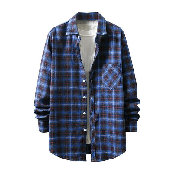 Tdoqot Mens Long Sleeve Shirts- Trendy Cotton Fall Plaid Slim Fit Turndown Collar Casual Flannel Shirt Dark Blue Size M