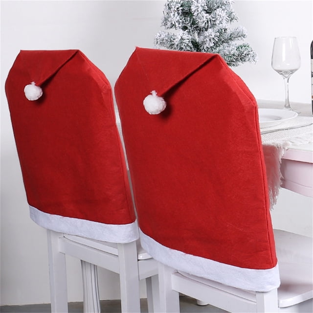 Housses de Dossier de Chaise de Noël Rouges - Housse de Chaise de Salle à Manger avec Capuche Rouge et Père Noël pour Décoration de Table de Fête
